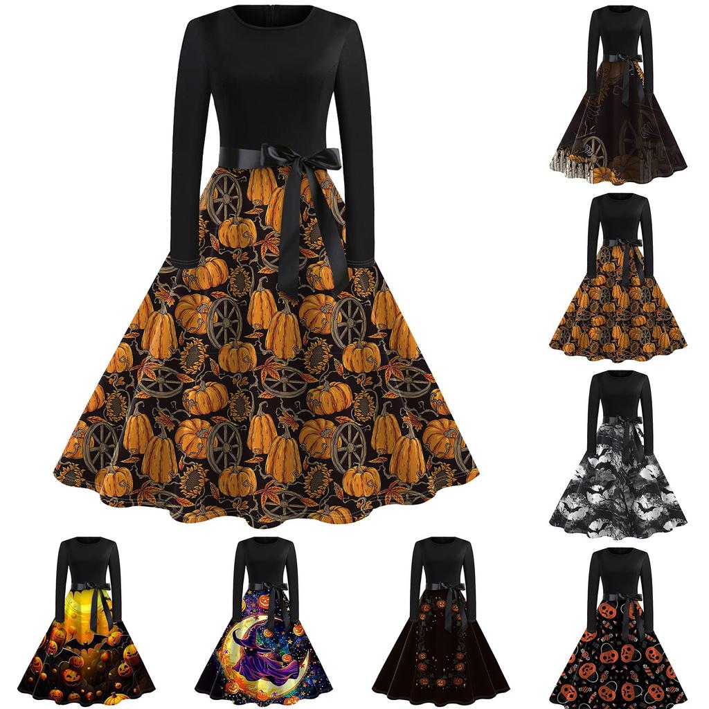 Halloween Print Flare Dress For Women Long Sleeve Dress Hollow Party Casual Dresses