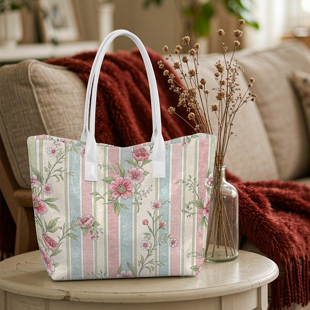 Vintage Floral Striped Tote Bag Large Capacity Casual Fashion Shoulder Handbag for Daily Use