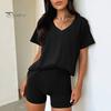 2 шт./комплект женский футболка шорты комплект костюм V-образный вырез короткий рукав однотонный свободный топ высокая талия мини шорты спортивный наряд повседневный спортивный костюм