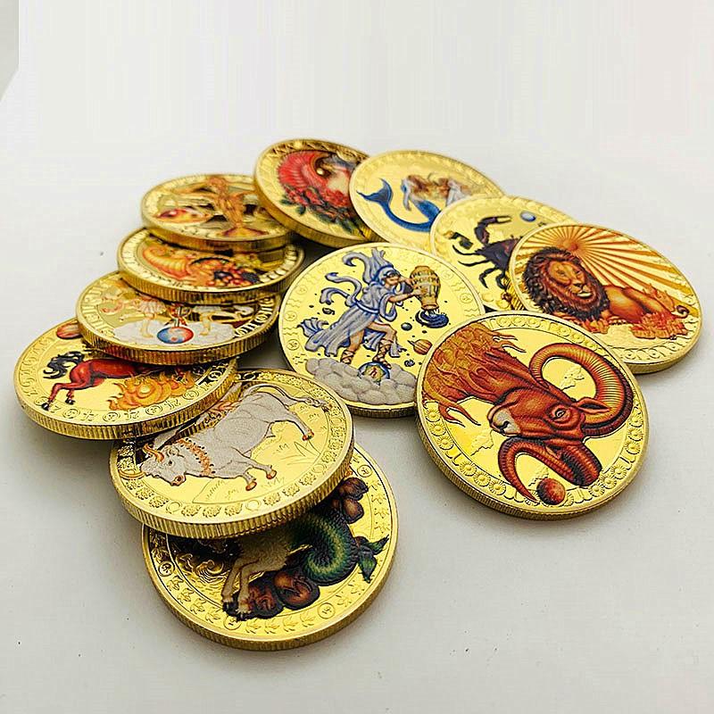 Twelve zodiac signs, color printing, Scorpio, gold-plated color printing commemorative medal, Gemini of love, decorative gold coin, Libra coin