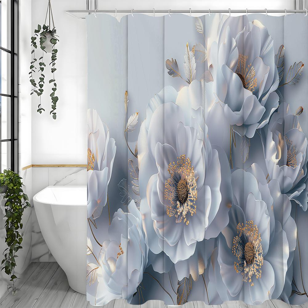 Gray Floral Botanical Shower Curtain, Bathroom Decorative Shower Curtain, Waterproof Shower Curtain with Hooks