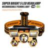 5*LED High Power Headlamp, Super Bright Rechargeable Fishing Camping Light, Long Distance Head Mounted Mining Lamp, Flashlight