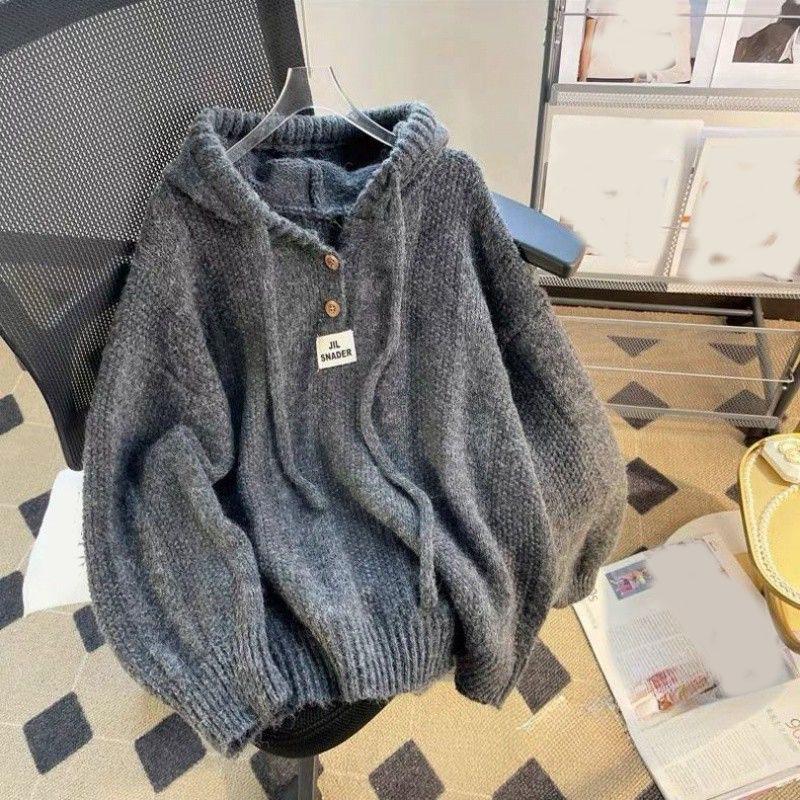 Осенне-зимний вязаный свитер с капюшоном для женщин с длинными рукавами, теплый свободный пуловер на пуговицах, однотонная толстовка