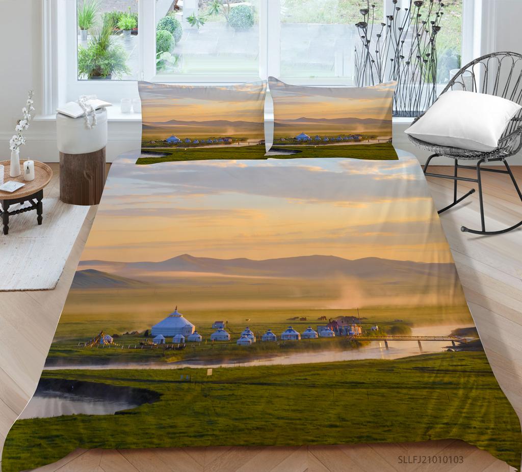 3D Forest Pattern Deluxe Home Bedding Set Full Size Quilt Cover and Pillowcase Landscape Print Washable and Comfortable Bedroom Bedding