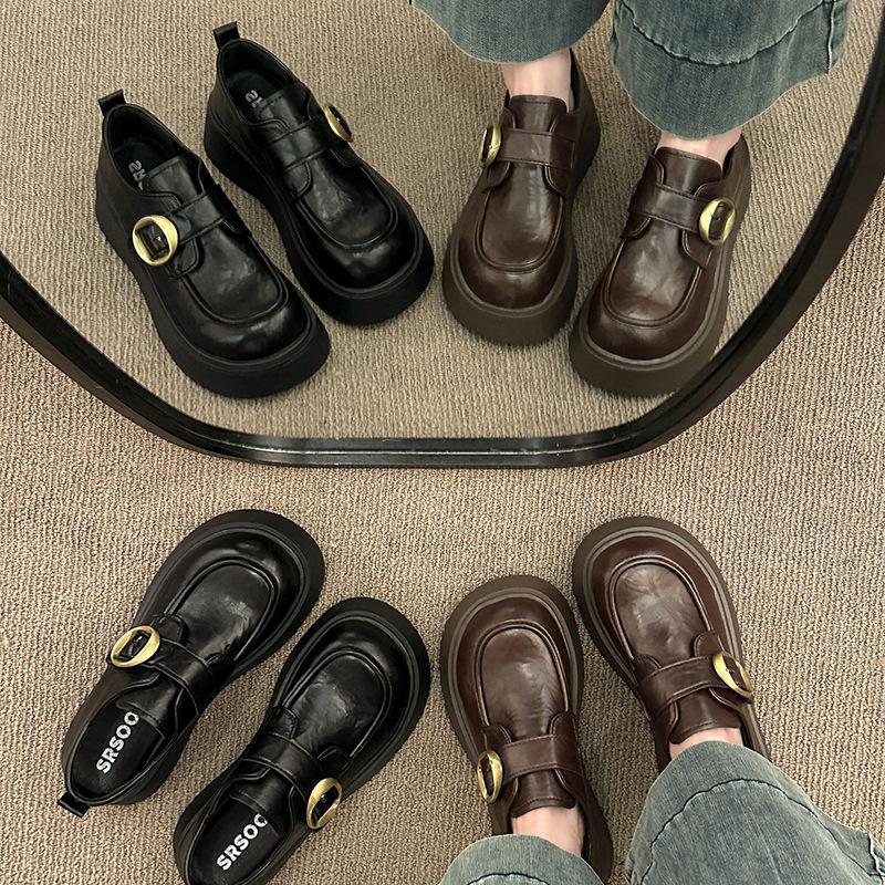 Маленькие кожаные туфли на толстой подошве женские весенне-осенние новые туфли-лодочки черные одинарные туфли Дуду