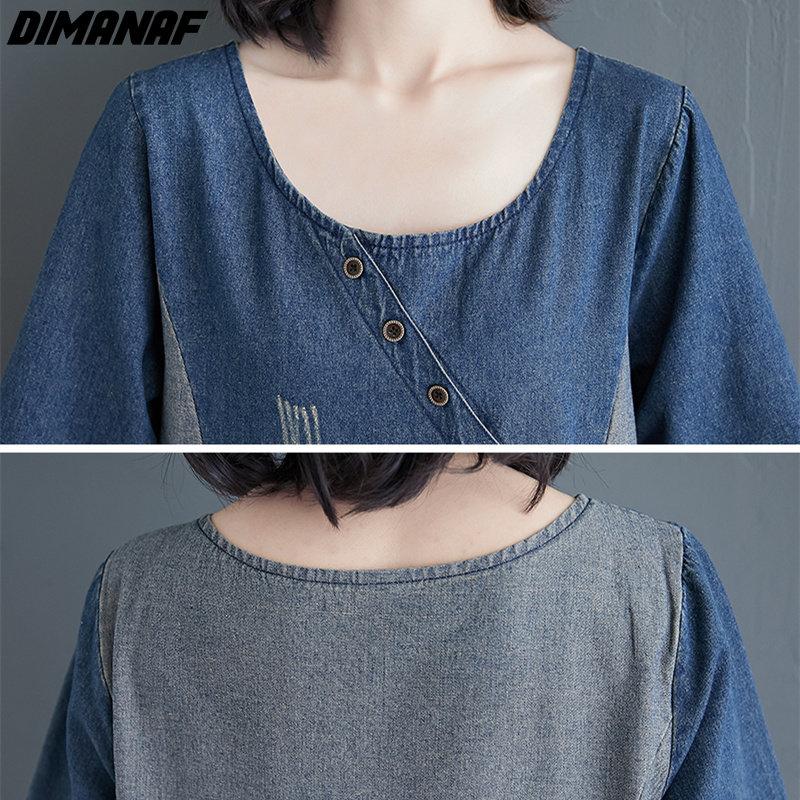 DIMANAF женское новое летнее платье 2023 года, джинсовое платье с длинным рукавом, элегантное свободное синее базовое платье с круглым вырезом