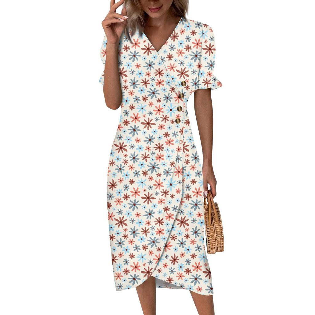 Women's Summer Casual Dress V Neck A-line Boho Ditsy Floral Flounce Sleeve Wrap Hem Dress