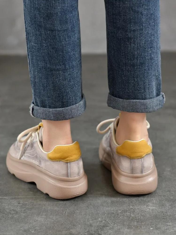 Johnature Genuine Leather Women's Shoes Thick Sole Mixed Colors Lightweight Lace-up Casual Shoes