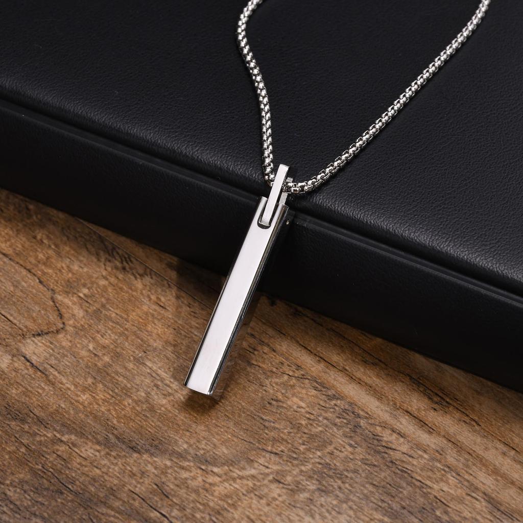 Waterproof 3D Vertical Bar Necklaces for Men,Minimalist Stainless Steel Geometric Pendant with Box Chain,Male Collar Jewelry