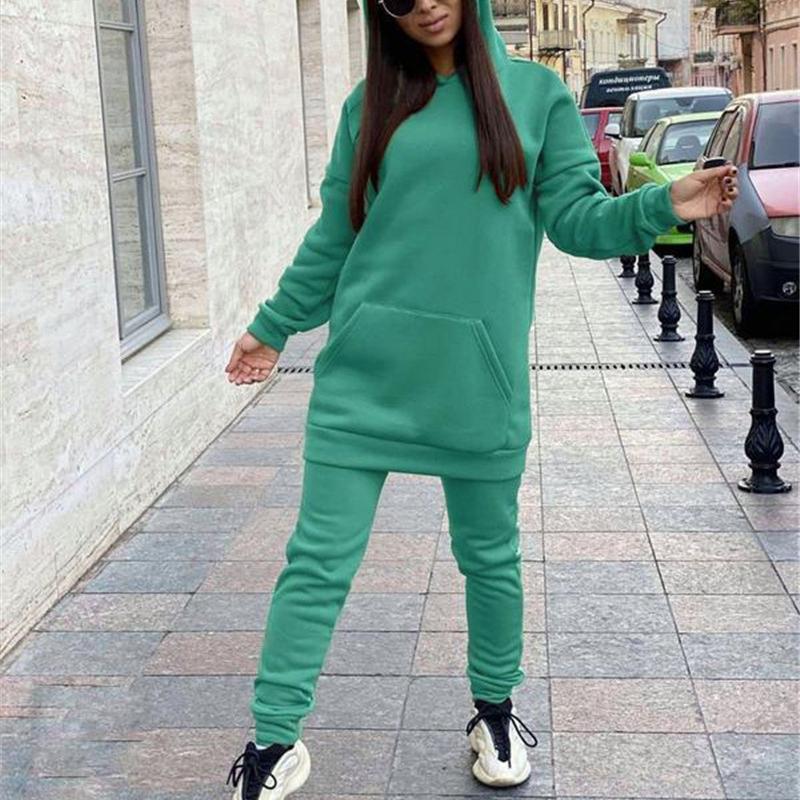 Женский спортивный костюм, повседневные спортивные костюмы с длинными рукавами и капюшоном, осенние женские флисовые толстовки и брюки Jooger, теплые комплекты из двух предметов
