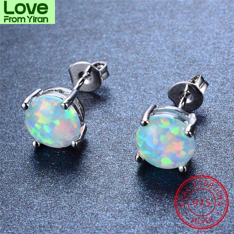 Blaike 100 %925 Sterling Silver White Fire Opal Stud Earrings For Women Fine Jewelry 8mm Round Stone Studs Birthstone Earrings