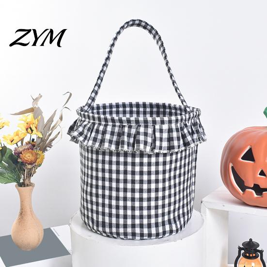 Pumpkin Ghost Pattern Totes Halloween Basket, Plaid Ruffle Trick or Treat Candy Bucket with Handle Versatile Household Storage for Kids, Reusable
