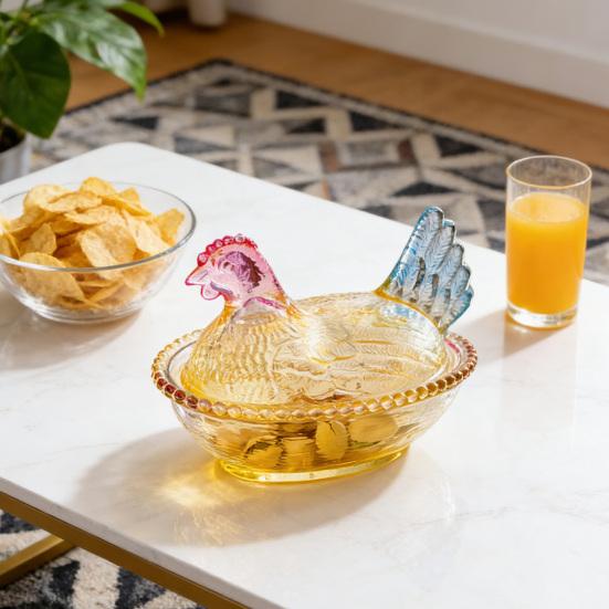 Стеклянная конфетница в форме курицы, блюдо для десерта «Курица на гнезде» с крышкой, забавная миска для закусок для фруктов, салатов, домашний декор для стола