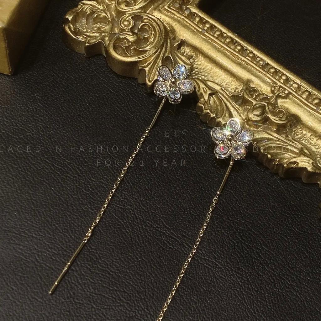 Инкрустированные циркониевые серьги-проволочки в форме цветка из кристаллов, золотые серьги-кисточки с уникальным дизайном, свадебные украшения, подарок на день рождения