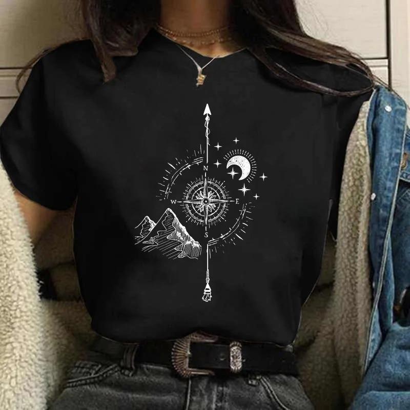 Moon PrintWomen Harajuku Летняя футболка Женская мода Черные топы Смешная женская футболка Повседневная футболка Женская одежда Y2k Милые топы