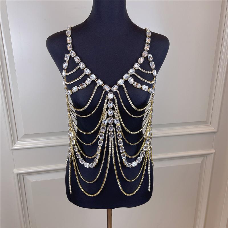 Individual Exaggerated Big Crystal Long Dress Body Chain Costume Rhinestone Lingerie Chain Women Ladies Rave Outfits