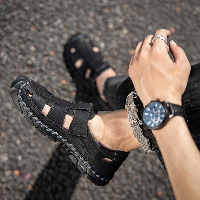 Foreign trade explosion large size sandals 2024 new casual trend bag head genuine leather one-pedal men's beach shoes