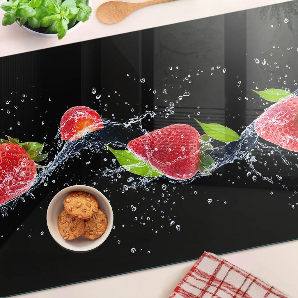 Glass Kitchen Serving Board with Strawberries and Water Graphic 80x52 cm