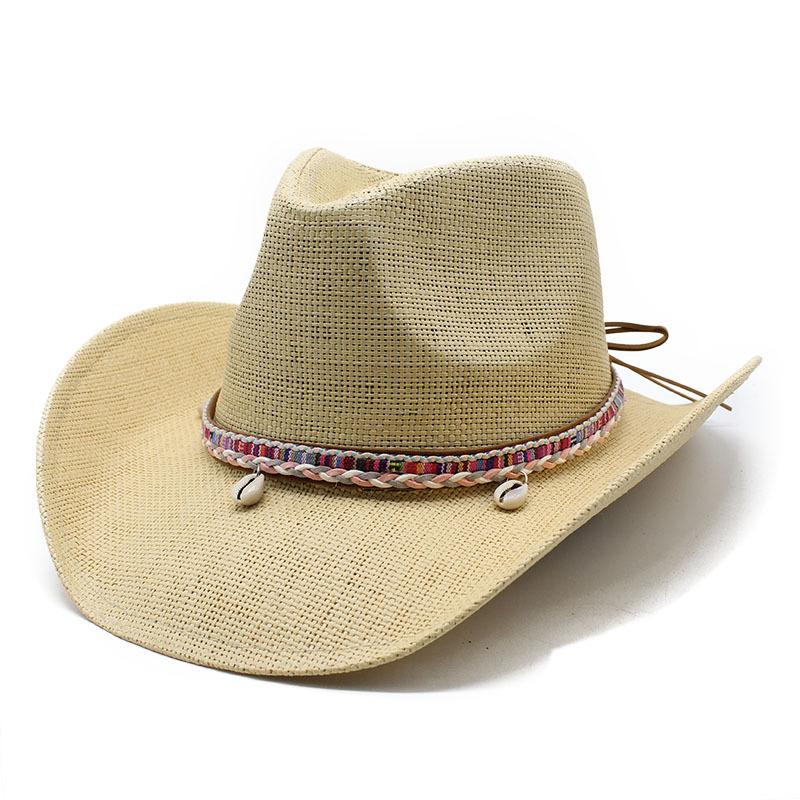 Соломенная шляпа из плетеной джинсовой ткани с широкими полями, летняя соломенная шляпа с полыми полями, этническая соломенная шляпа с закругленными полями и узором в виде ракушки