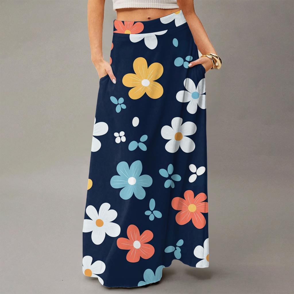 Женская повседневная складная юбка макси с цветочным принтом, высокой талией и карманом, с драпировкой