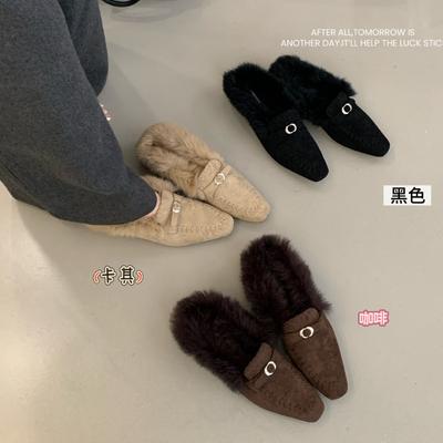 2025 осень и зима новая квадратная голова кроличий мех низкий каблук плетеная нить плоская подошва Doudou полусабо женская обувь