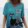 Women's T-shirt Cartoon Cat Print Summer V-neck Kawaii Fashionable Casual T-shirt Short Sleeved Shirt