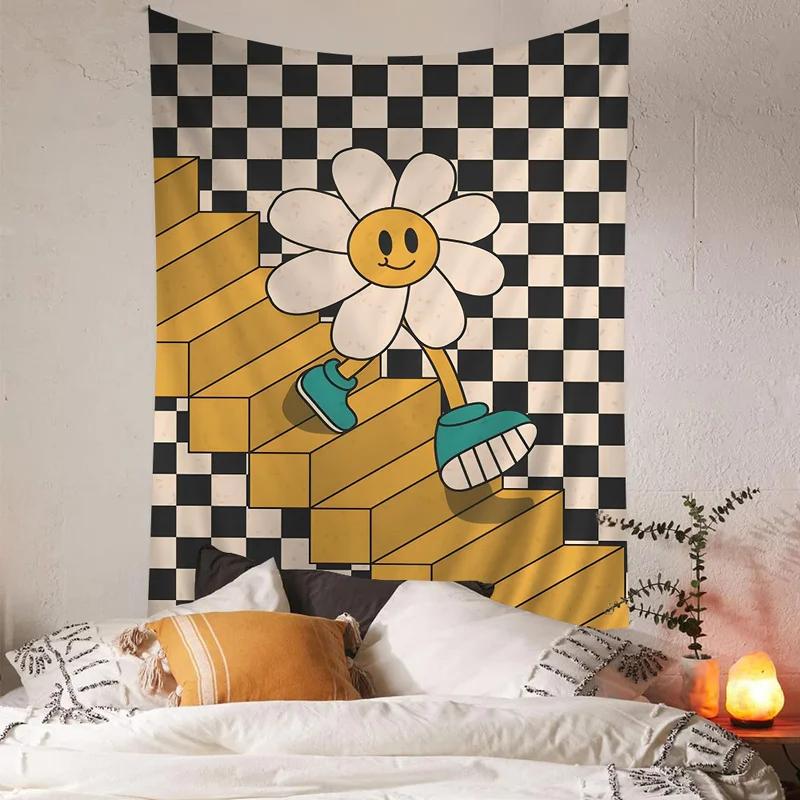 Sunflower Smiley Face Tapestry - Boho Art Wall Hanging Hippie Tarot Design for Bedroom Dorm Home Decor