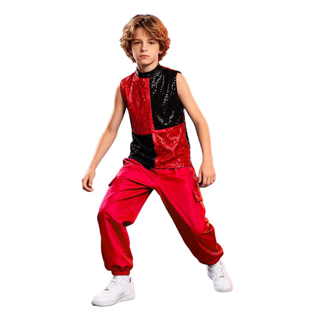 Boys Metallic Jazz Dance Costume Mock Neck Sleeveless Back Zipper Shiny Sequins Color Block Top Cargo Pants