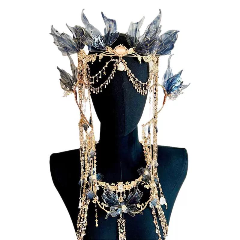Ancient Xianxia Blue and Black Hanfu Hairpin and Gold Tassel Crown Set for Film and Photography