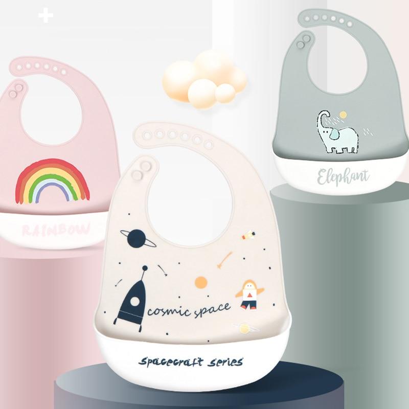 Waterproof Soft Silicone Baby Bibs Cute Cartoon Crown Print Baby Feeding Stuff Kids Girl Boy Adjustable Children Bib