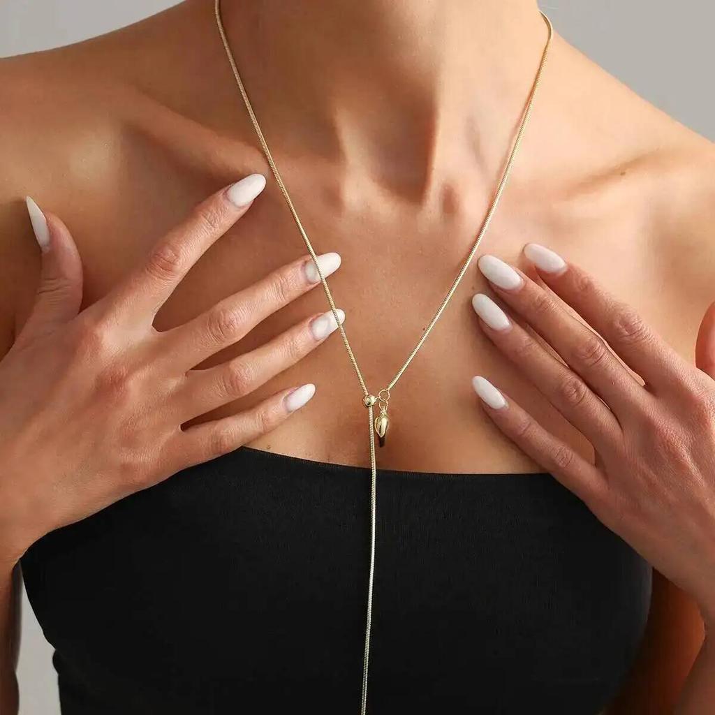 SHIXIN Punk Stainless Steel Waterproof Long Flat Snake Adjustable Necklace Women New Luxury Love Heart Pendant Necklace Jewelry