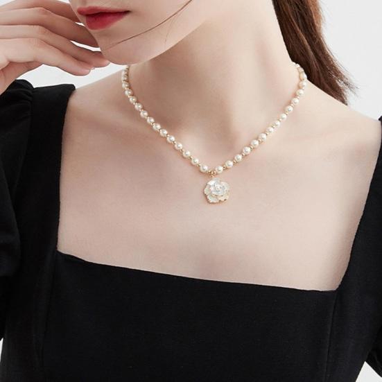 Women Girl Faux Camellia Necklace Flower with White Pearl Pendant Temperament Dressing-Up Beaded Faux Pearl