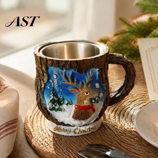 Elk Christmas Tableware Theme Mug with Stainless Steel Liner, 3D Relief Hand Creative Holiday Gifts Painted Resin Coffee Cup, Decorative Drinkware for