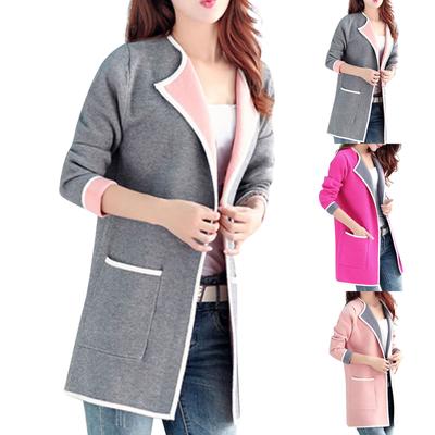 Женский кардиган средней длины, вязаный свитер с цветными блоками, куртка-свитер