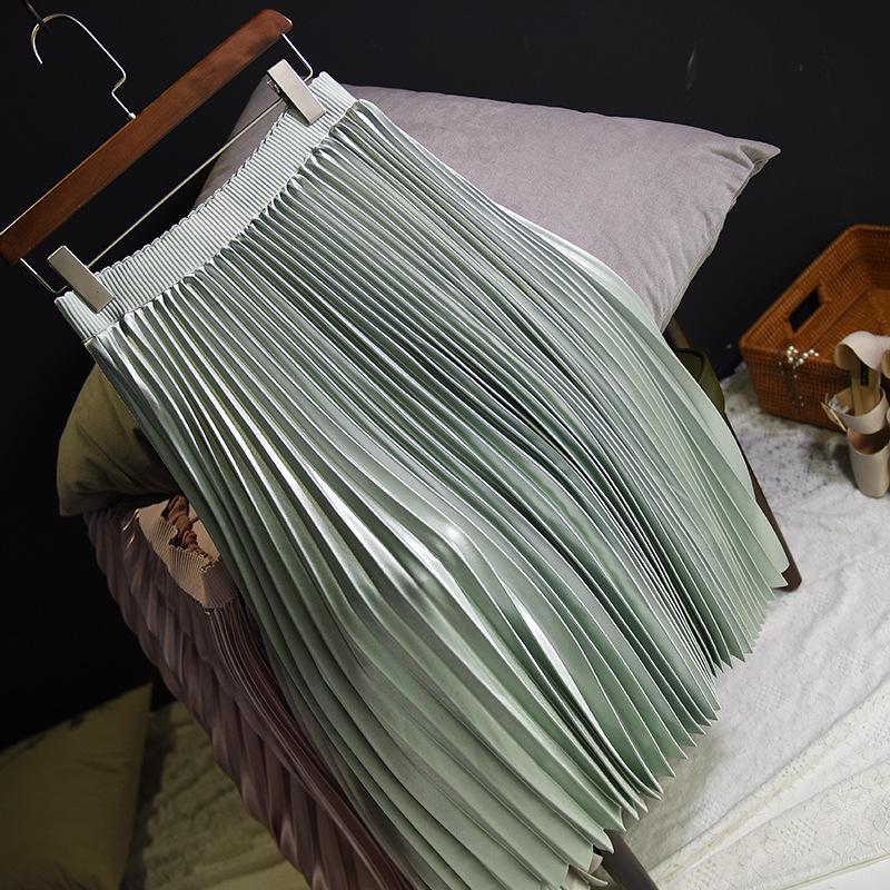 Women 11 Colors Satin Pleated Midi Skirt Elegant Elastic Waist Solid Color A-line Skirt