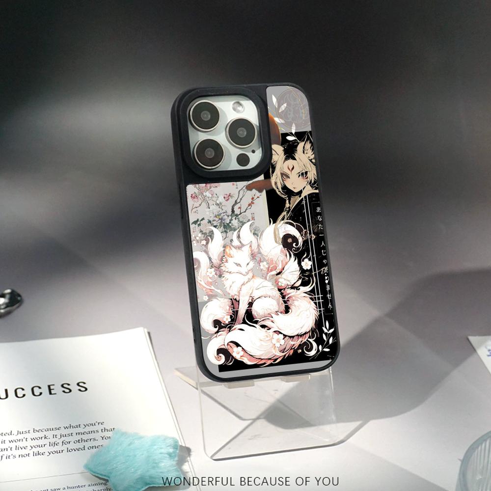Nine-tailed fox art fashion design Phone Case for iPhone 17 16 e 15 14 13 12 Pro Max Sheepskin Silver-edged protective case