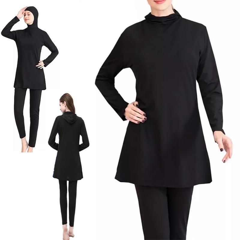 Women's Long Sleeve Sun Protection Conservative Swimsuit Split Two Piece Spa Holiday Including Hat Swimsuit