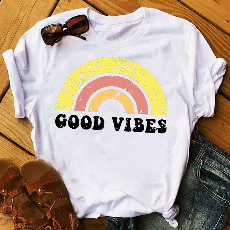 New Women T-Shirt 2023 Good Vibes Letters Fashion Top Female T Shirts Harajuku Streetwear O-Neck Short Clothes Ladies Tshirts