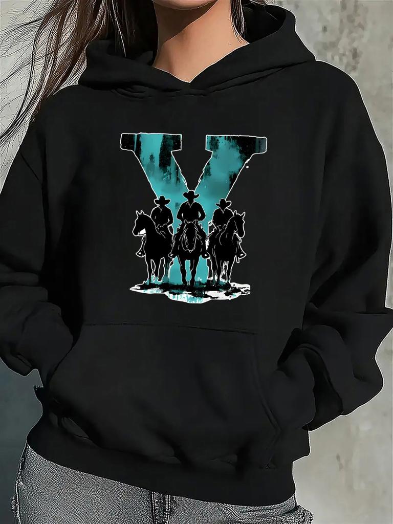 Women'S Polyester Hoodie with Western Horseback Design Black Color Lightweight and Durable Perfect for Casual Wear at Home or Rest