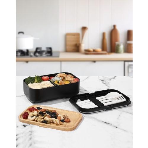 Premium Bento Box for Men, 1000ml Capacity, Large Capacity, Salad, Black Bamboo, Airtight Valve, Adjustable Dividers, Dishwasher and Microwave Safe, S