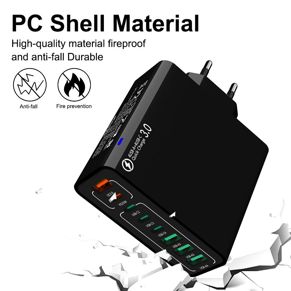 Быстрое зарядное устройство PD 55 Вт на 8 портов: 4 USB, 4 PD, QC3.0, Стандарт EU/US/KR