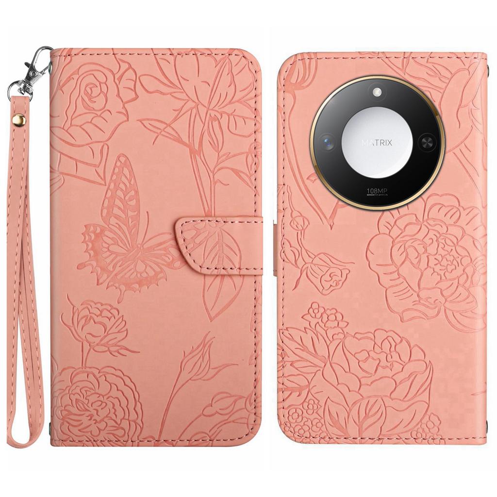 For Honor X9c Smart 5G Case Butterfly Flower Imprinted Leather Phone Cover with Strap