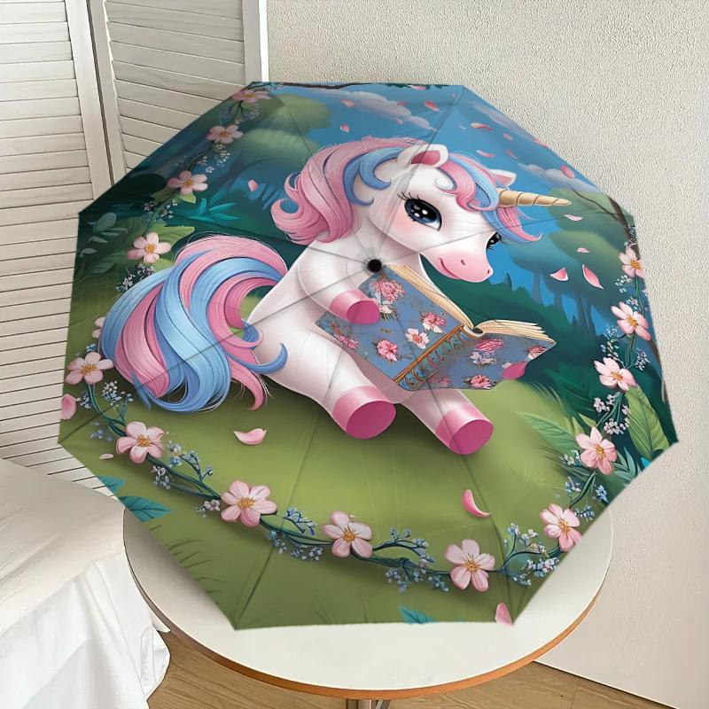 1PC unicorn, flowers Automatic Open/Close Umbrella with Windproof, 8-Rib Sturdy Canopy, Durable Ribs, Fashionable Design, Outdoor Accessory, Fun Prin,
