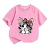 Kids Boys Girls 100% Cotton Short Sleeve Crew Neck T-Shirt, Cute Pink Bow Leopard Print Gray Tabby Cat Graphic Casual Soft Tee for Children Daily Wear