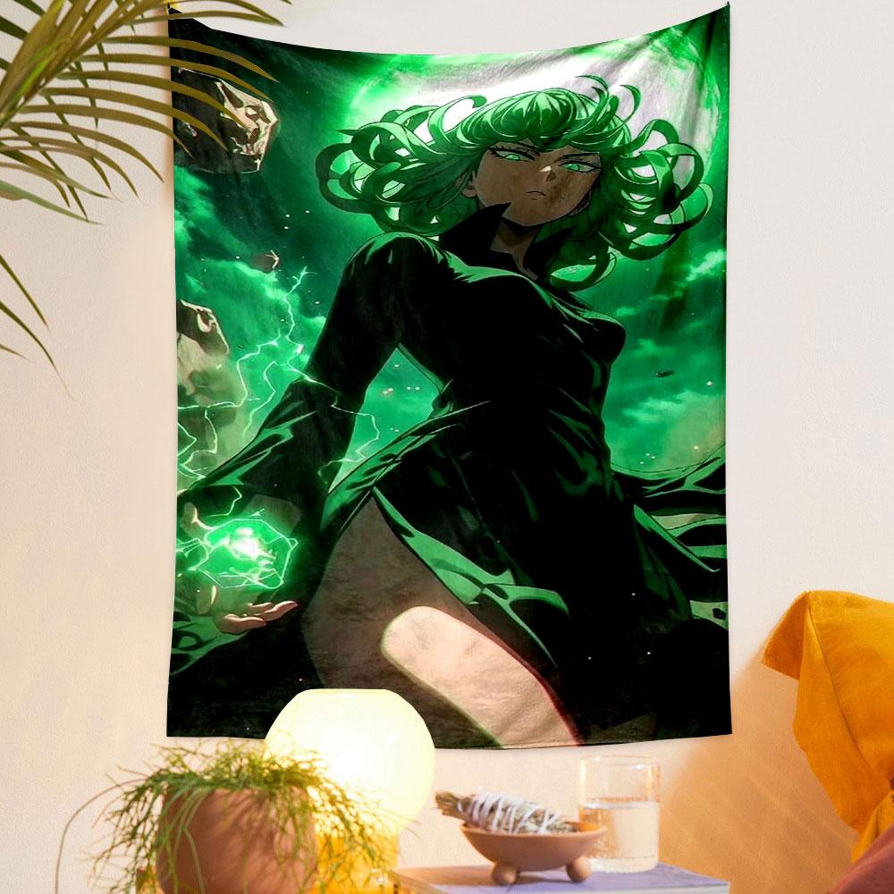 "Green-Haired Heroine with Energy Power" Patterned tapestry home decor, suitable for bedroom and living room, gift
