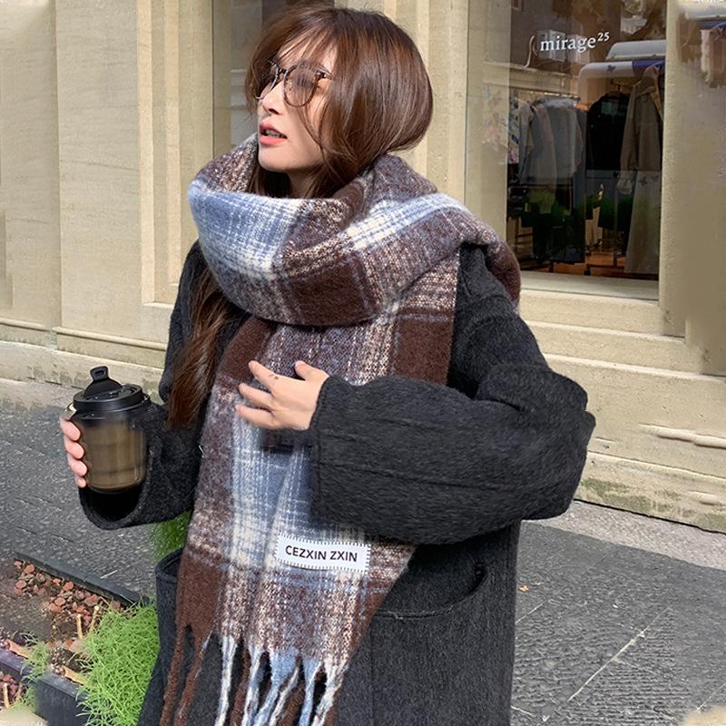 Mary Korean version of mohair plaid scarf women's winter sea salt milk coffee blue thickened atmosphere warm student shawl scarf