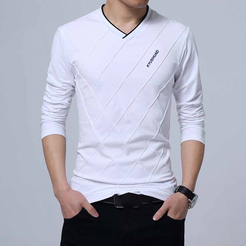 Мужская футболка больших размеров с V-образным вырезом и длинными рукавами, однотонная, весна-осень, облегающая рубашка