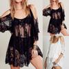 Sexy Women Lace Crochet Perspective Off Shoulder Beach Swimwear Cover Up Smock