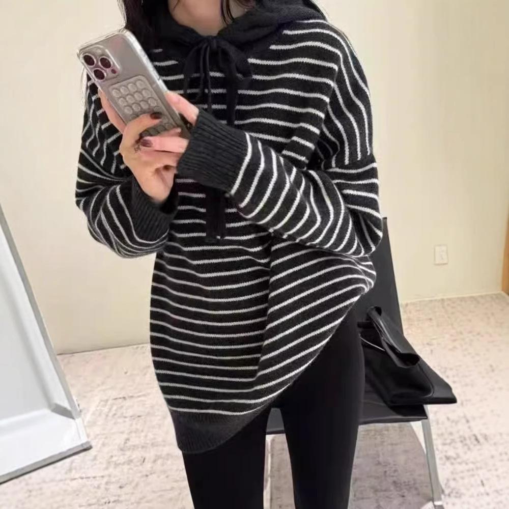 Korean Style Women's Color Block 100% Wool Striped Hooded Sweater, Winter Mid-Length Slimming Hoodie