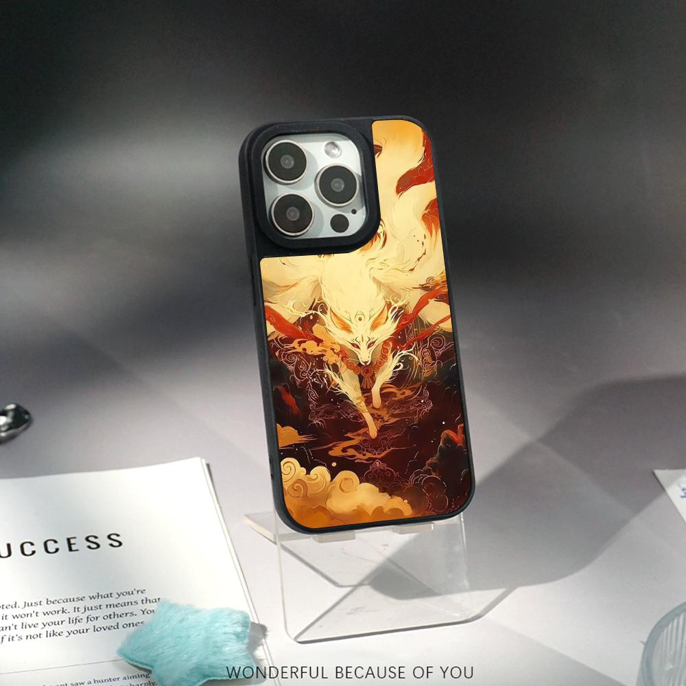 Nine-tailed fox art fashion design Phone Case for iPhone 17 16 e 15 14 13 12 Pro Max Sheepskin Silver-edged protective case